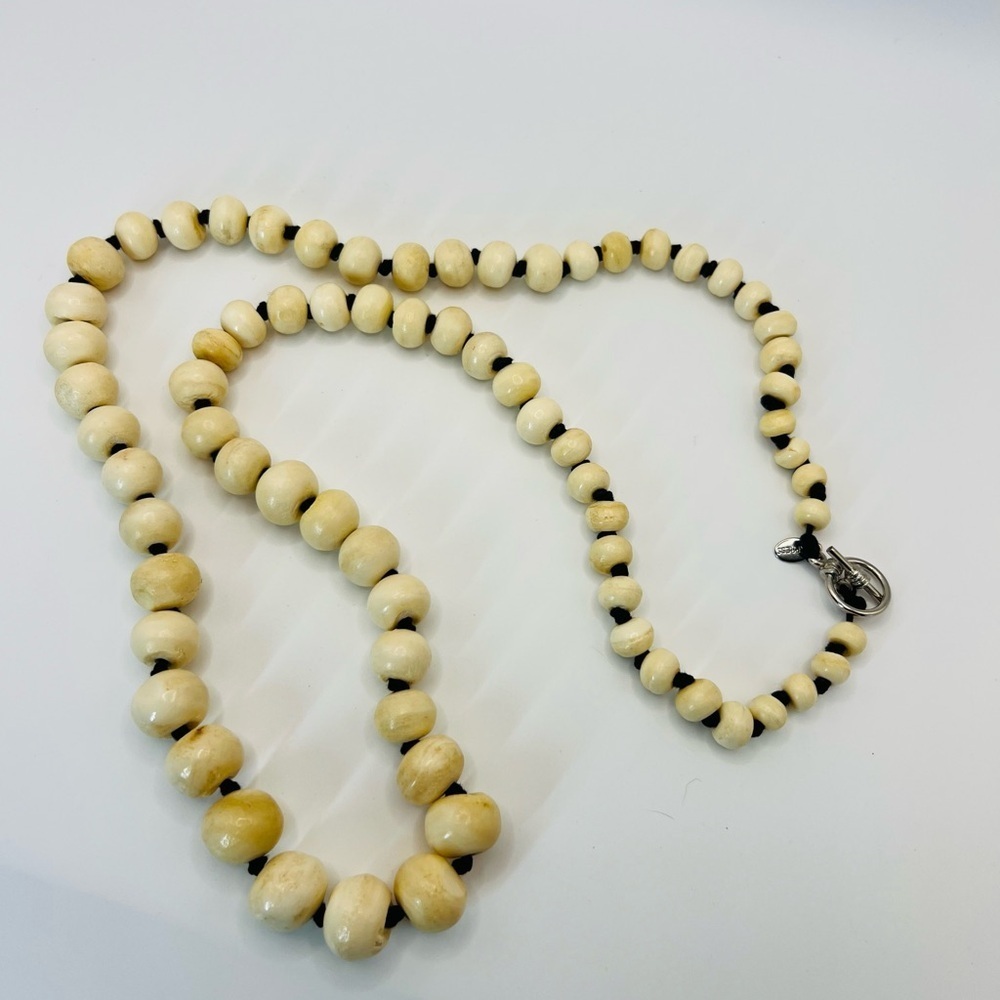 Express Cream Beaded Necklace Knotted Strand Toggle Clasp Long Statement